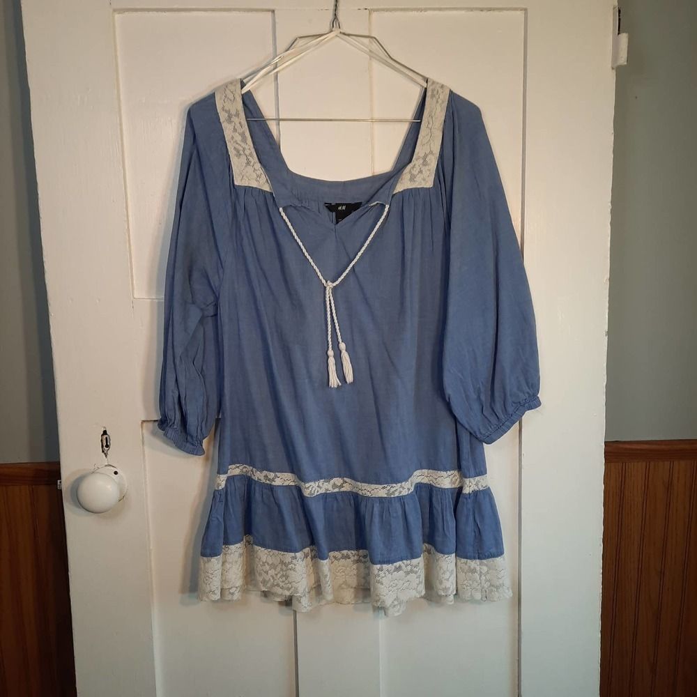 H&M Blue Chambray Lace Tie 3/4 Sleeve Tie Front Blouse sz4